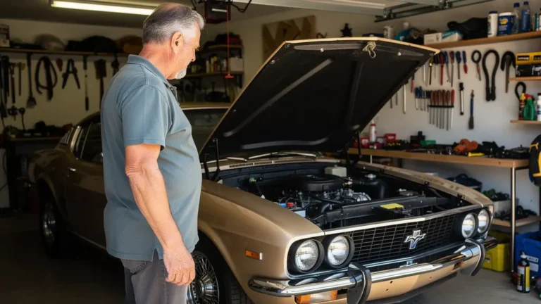 Propriétaire admirant une voiture de sport ancienne capot ouvert dans son garage personnel
