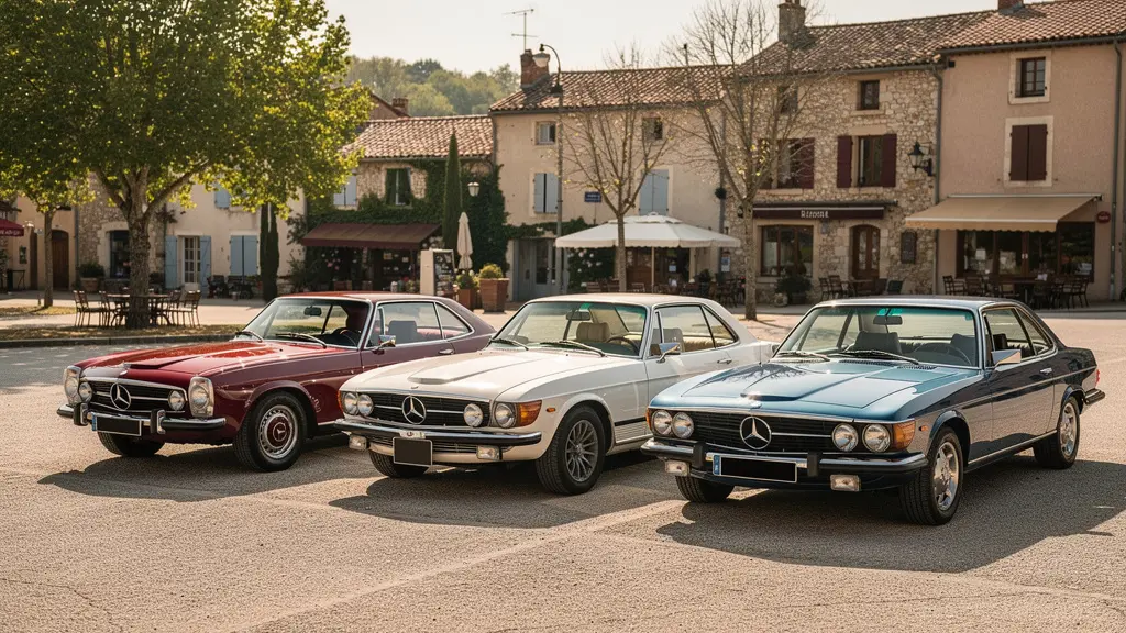 Trois voitures classiques alignées lors d'un rassemblement de collectionneurs dans un village français