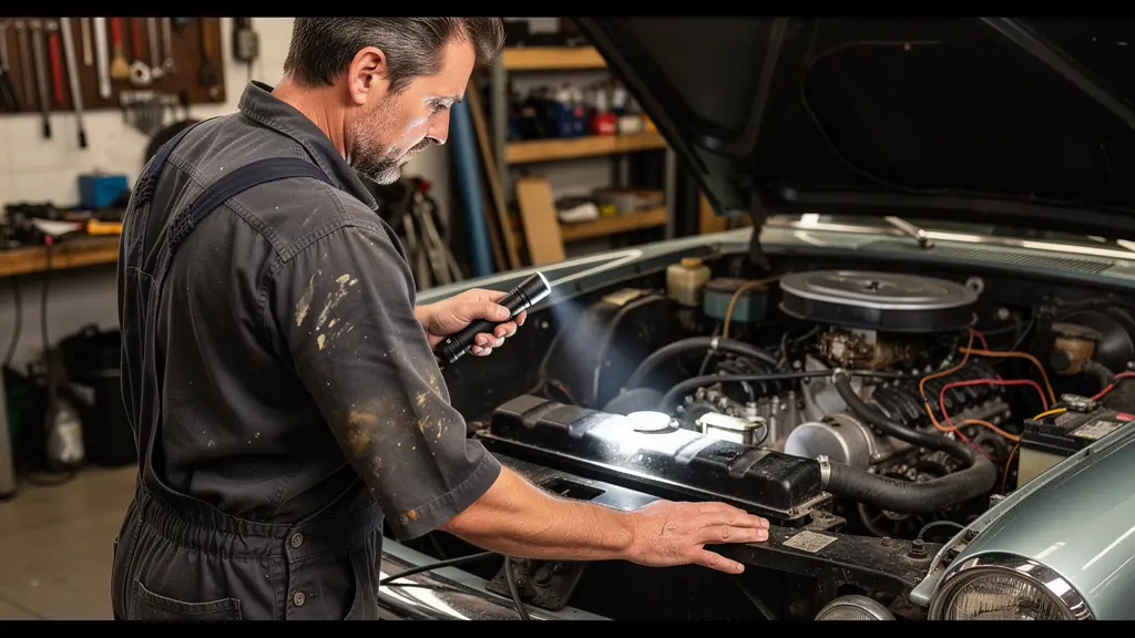 Technicien examinant le moteur d'une voiture ancienne dans un atelier de restauration